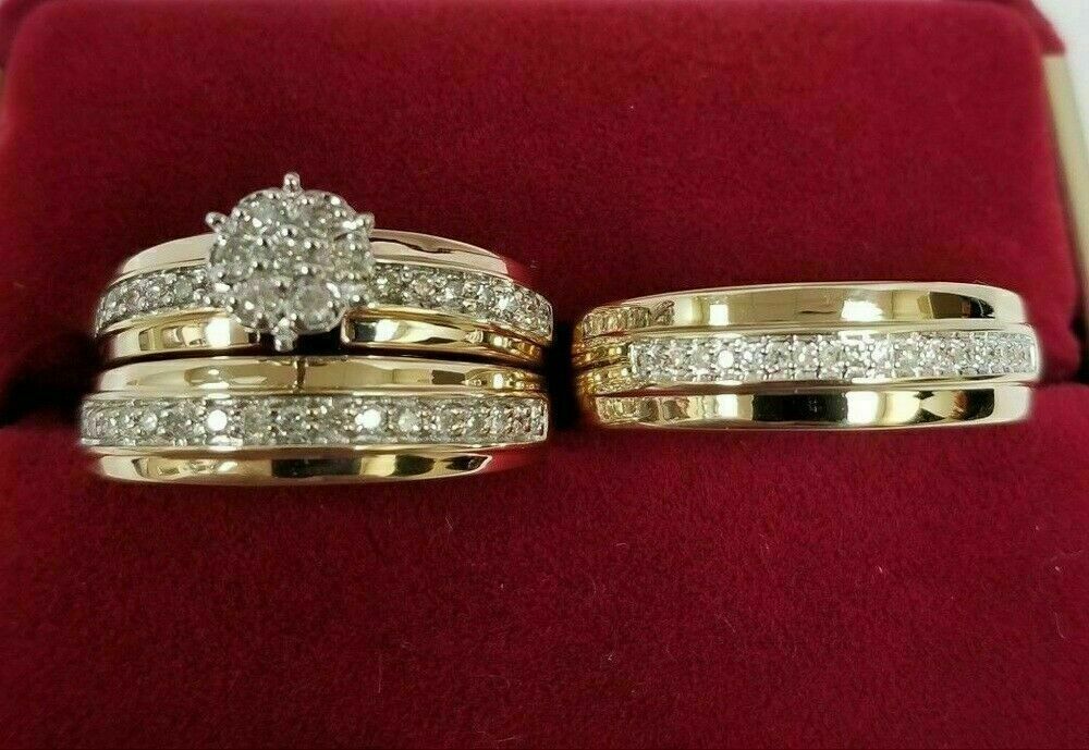 2.5ct Round Cut Diamond His \u0026 Her Engagement Trio Ring Set in 14k Yellow Gold Plated Silver -5